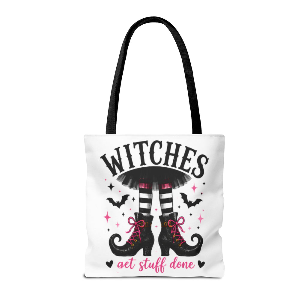 White tote bag with black handles, WITCHES graphic and witch boots with "get stuff done".