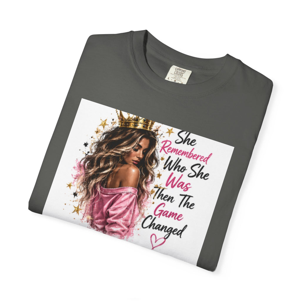T-Shirt — 'She Remembered Who She Was' Empowerment Tee (Woman Portrait, Inspirational Quote)
