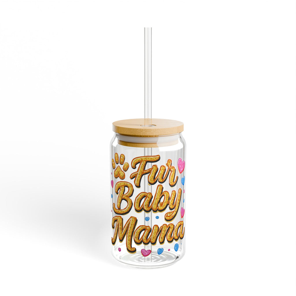 Fur Baby Mama 16oz Sipper Glass – Cute Pawprint Pet Mom Drink Jar