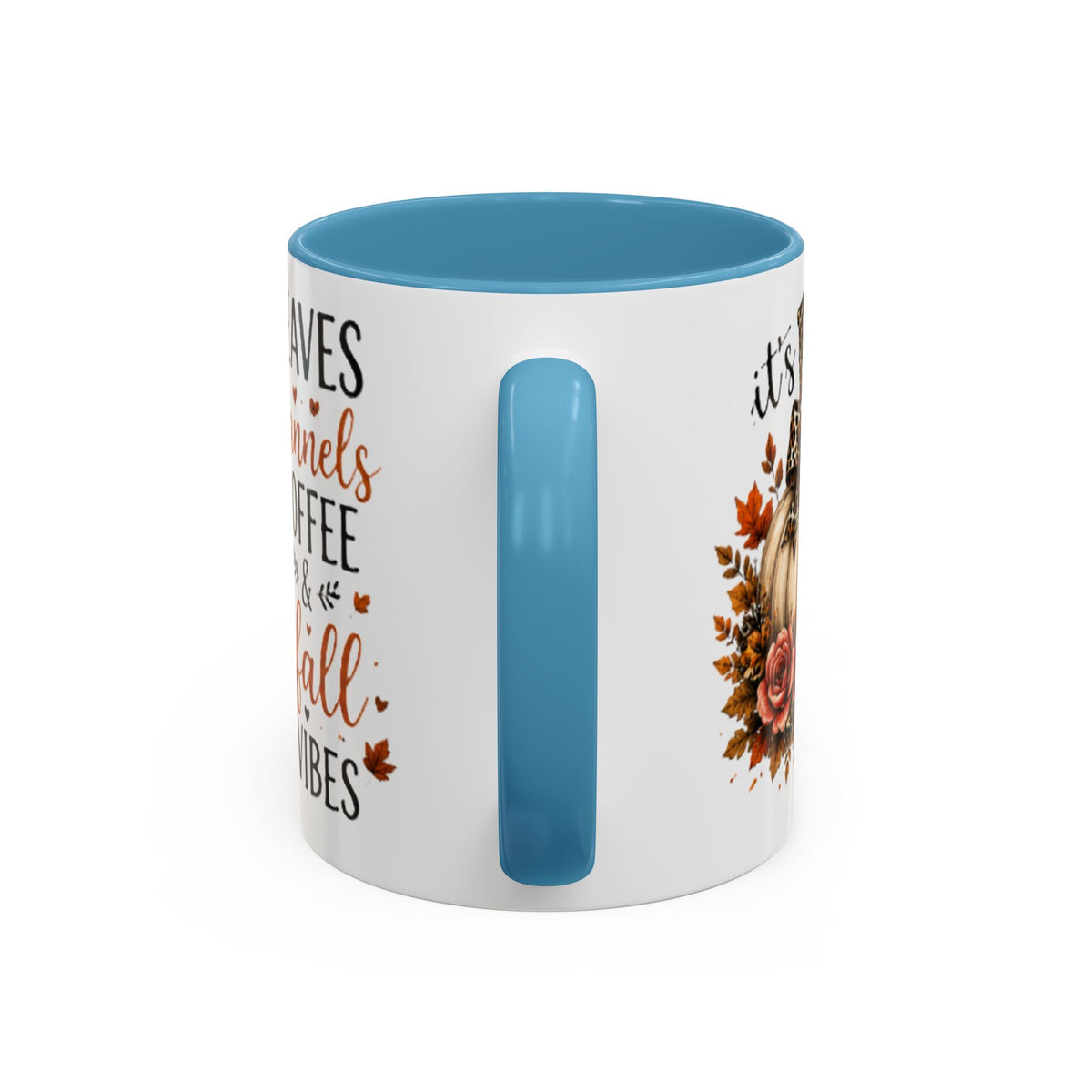Autumn coffee mug with light blue handle, white body, fall print and light blue vertical accent
