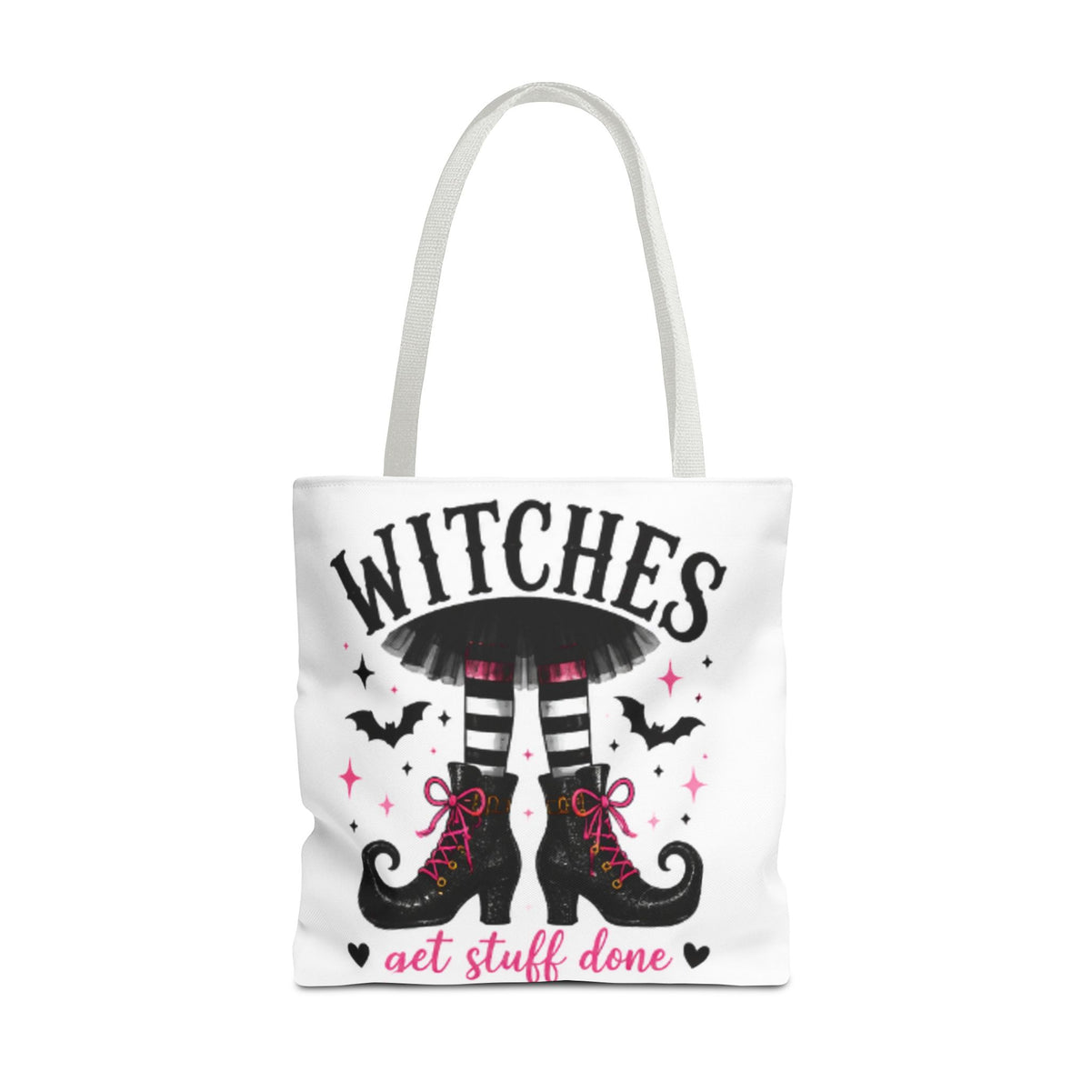 White tote bag with light gray handles, witches graphic and "get stuff done" lettering