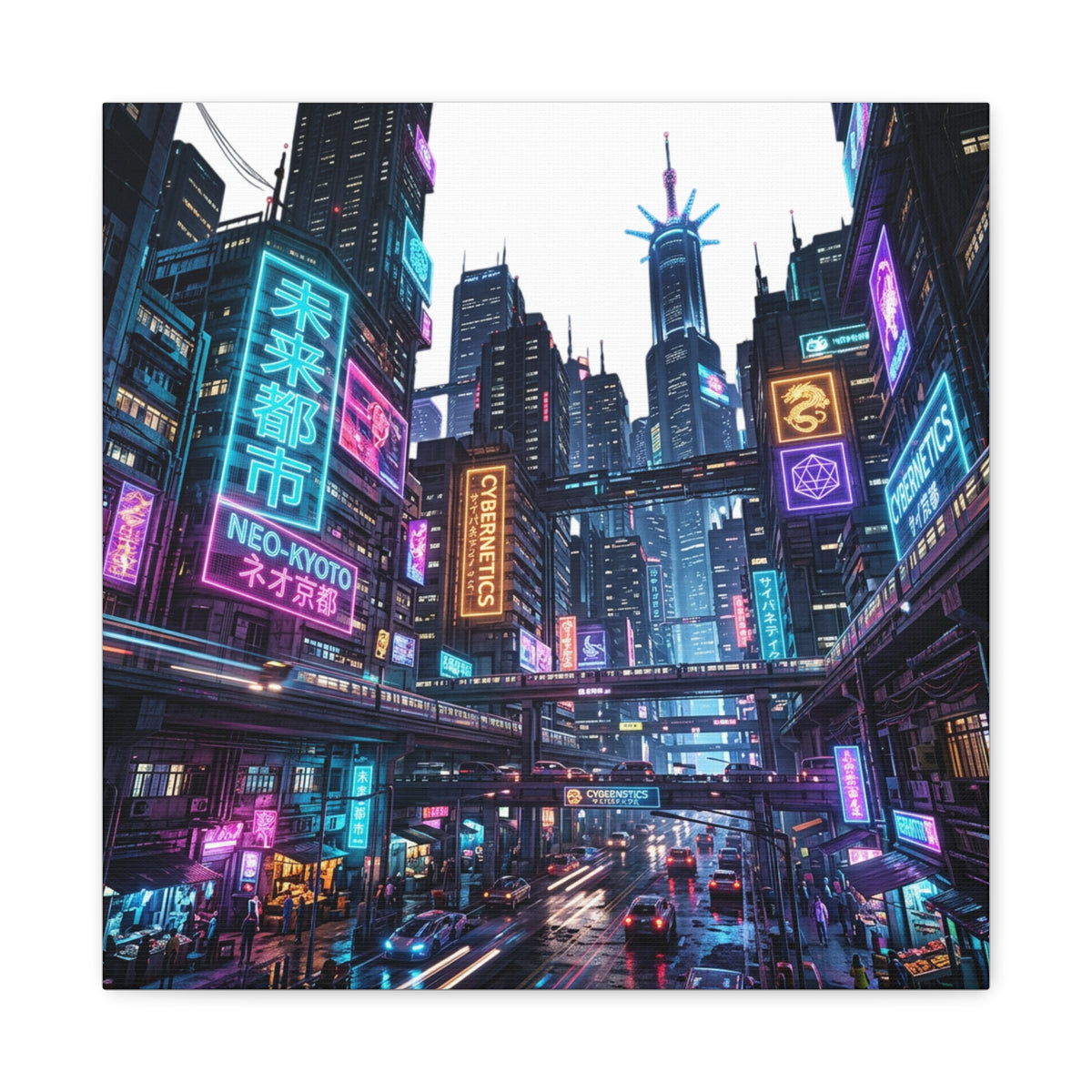 Neo-Kyoto Cyberpunk City Matte Canvas Print