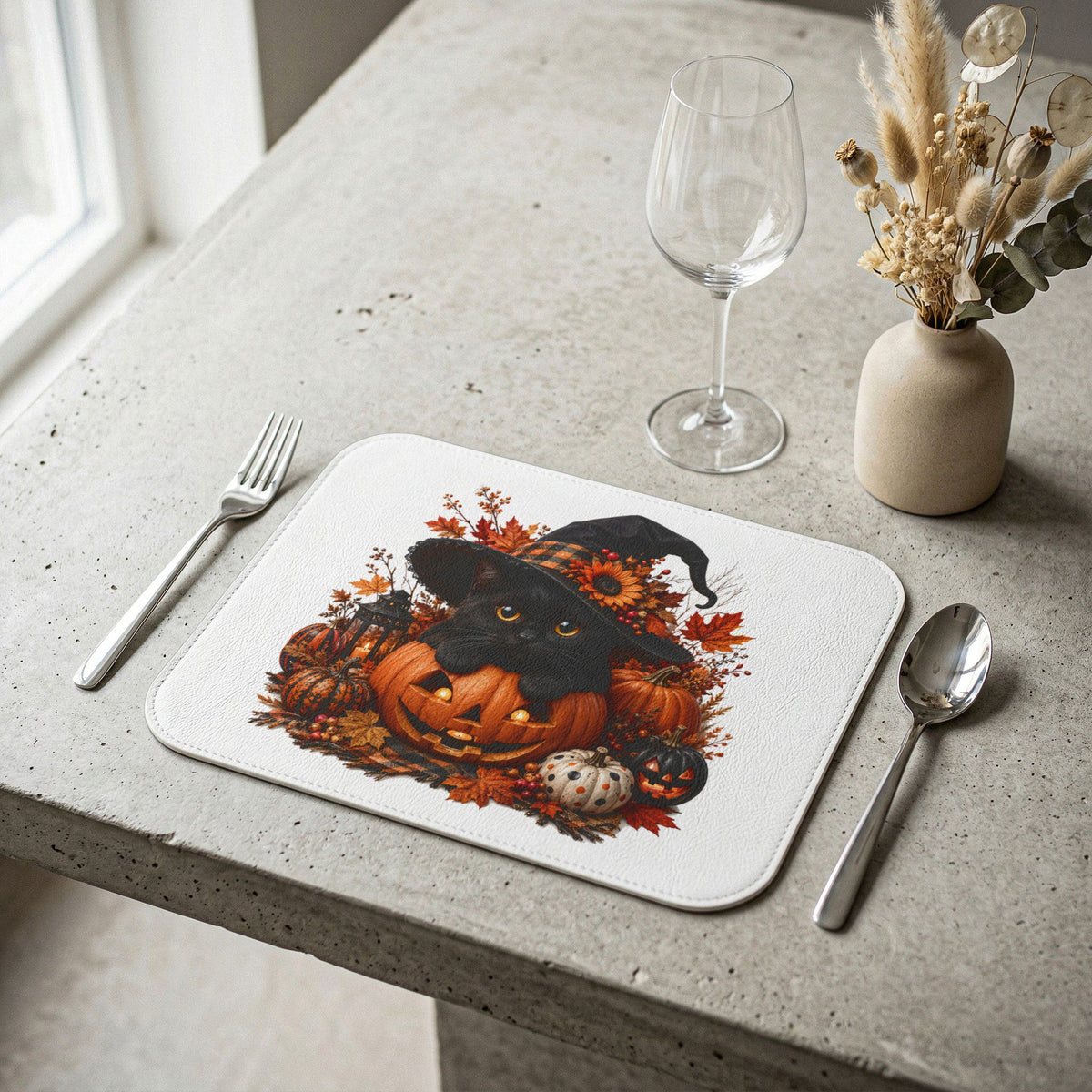 Halloween Black Cat & Pumpkin Leather Placemat — Witch Hat Fall Table Decor
