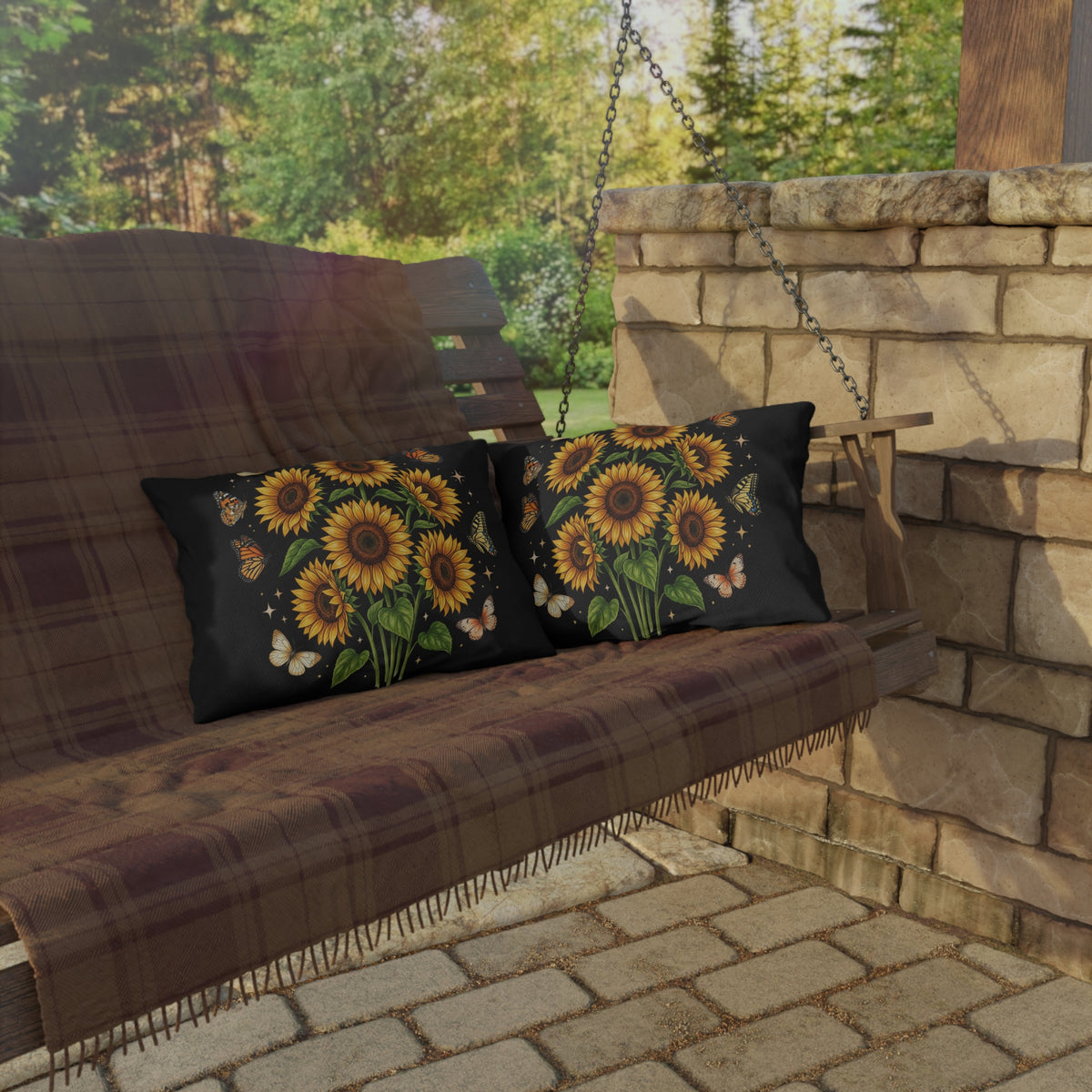 Sunflower & Butterfly Outdoor Pillow — Floral Garden Accent Cushion for Patio