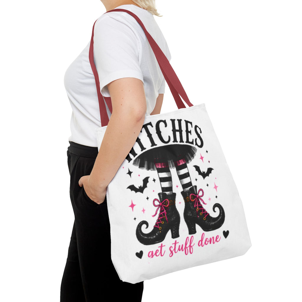 White tote bag with maroon handles, 'WITCHES' boots graphic and 'get stuff done'