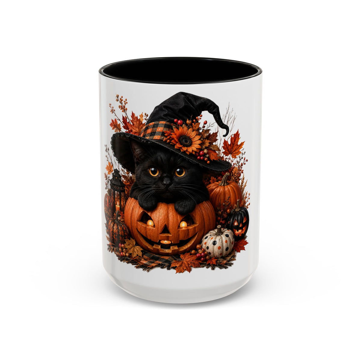 Halloween Black Cat Pumpkin Coffee Mug – Autumn Witch Hat Accent Mug (11/15oz)