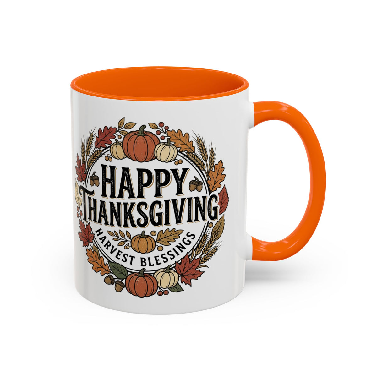 Happy Thanksgiving Accent Coffee Mug — "Harvest Blessings" Fall Pumpkin Wreath (11/15 oz)