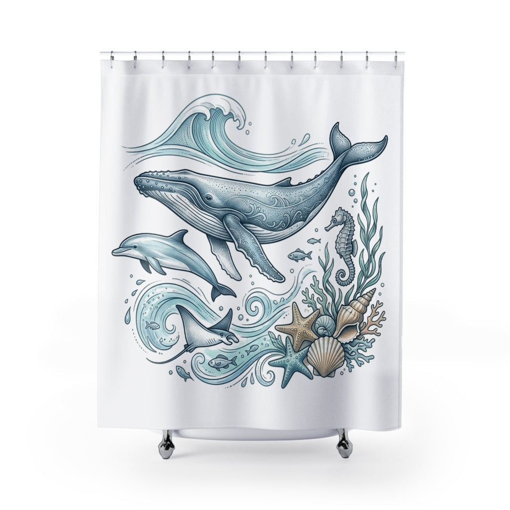 Ocean Life Shower Curtain — Blue Whale & Dolphin Nautical Bathroom Decor