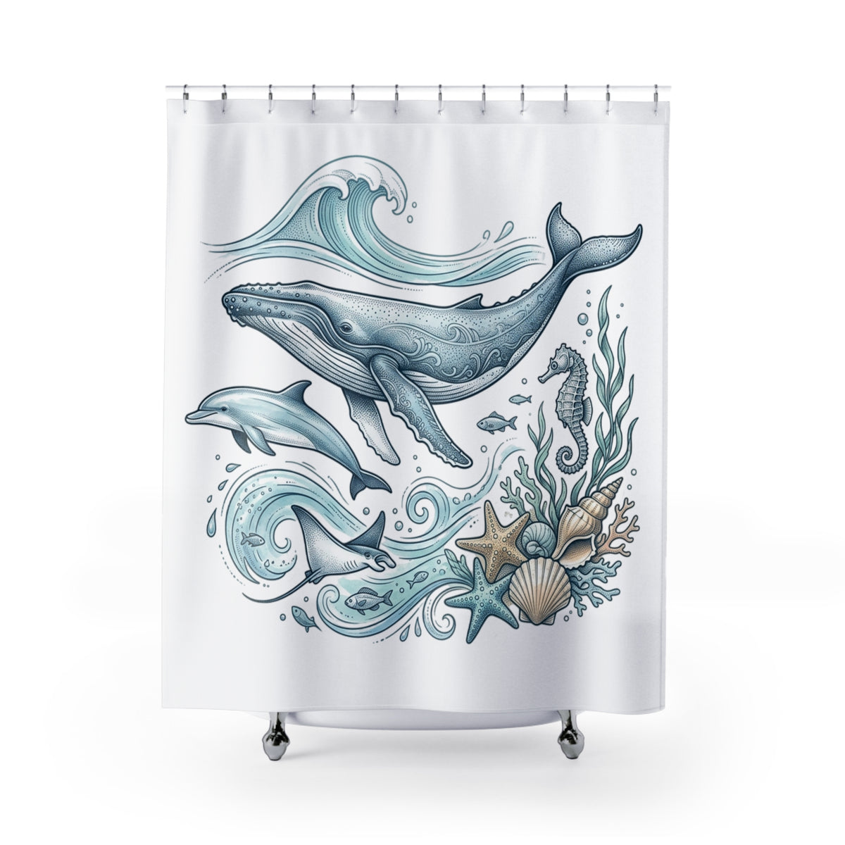 Ocean Life Shower Curtain — Blue Whale & Dolphin Nautical Bathroom Decor