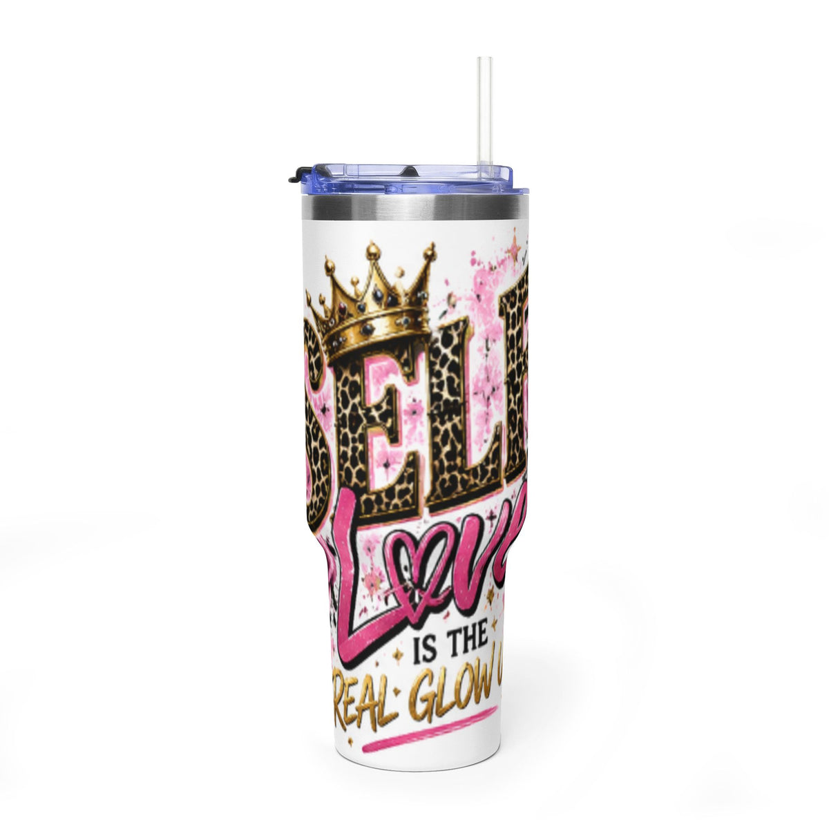 40oz Tumbler - "Self Love is the Real Glow" Leopard Crown Floral Insulated Cup