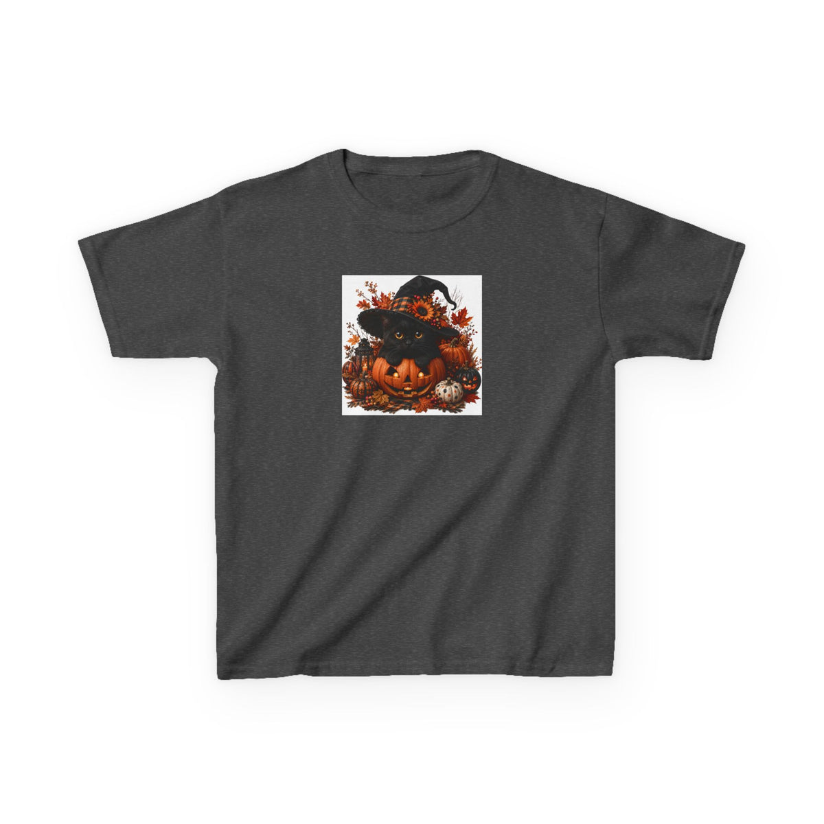 Kids Tee — Halloween Black Cat with Witch Hat & Pumpkins