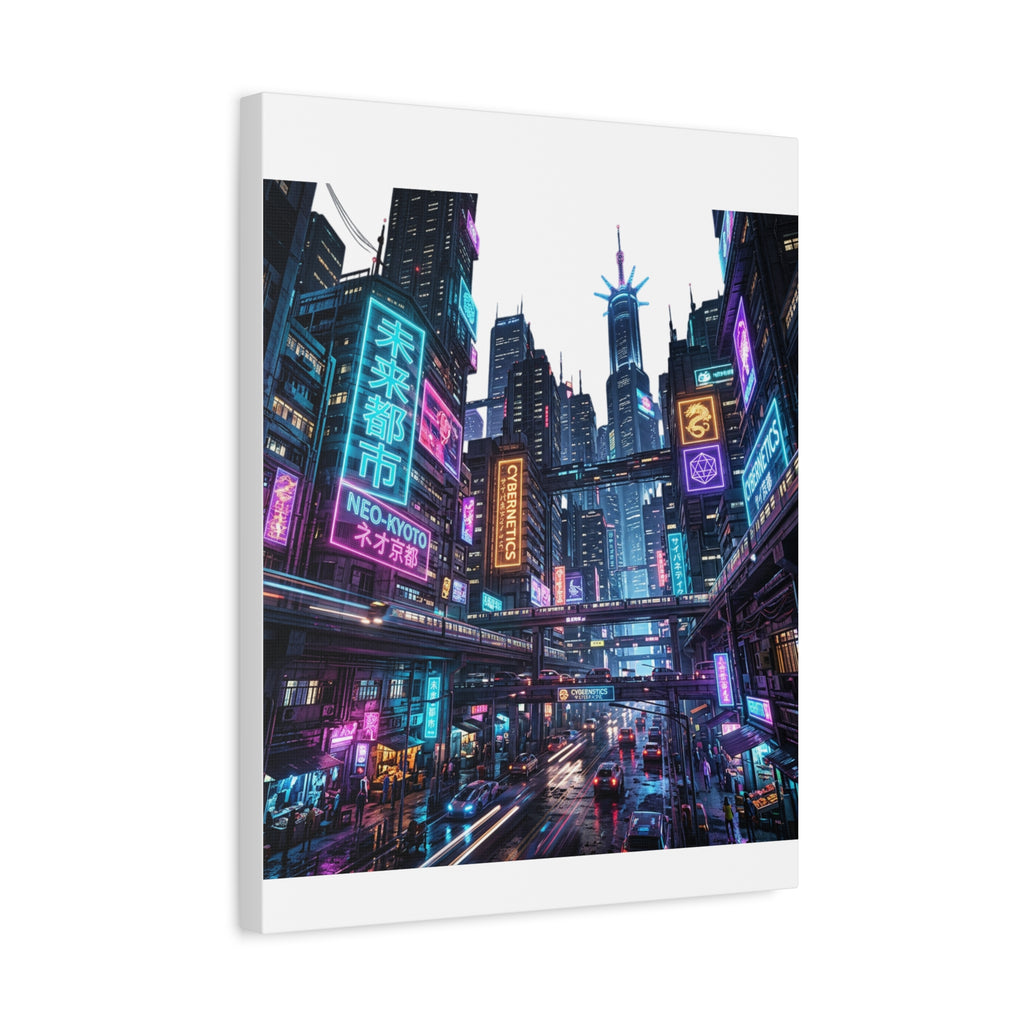 Neo-Kyoto Cyberpunk City Matte Canvas Print