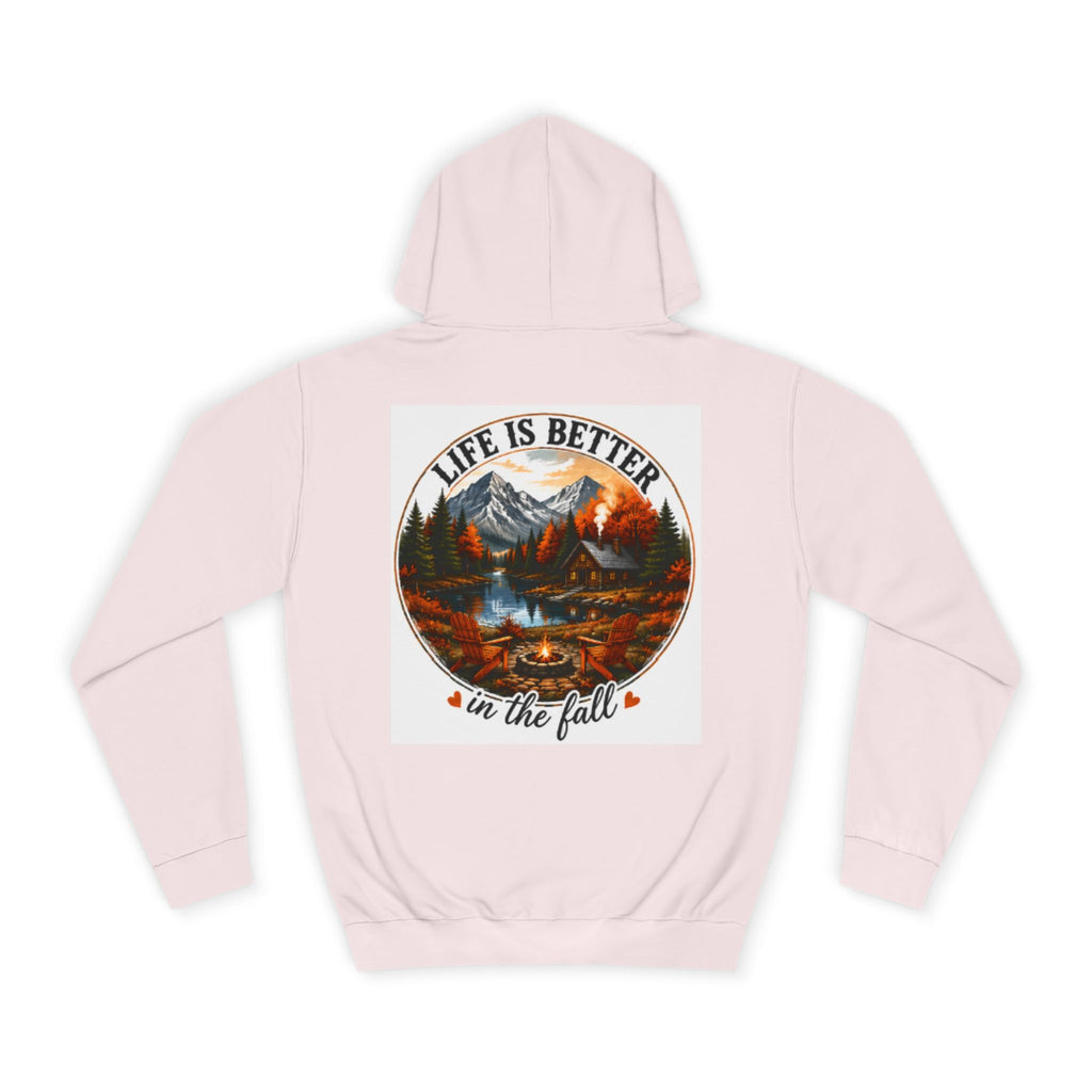 Light pink pullover hoodie with hood and kangaroo pocket; back graphic print.