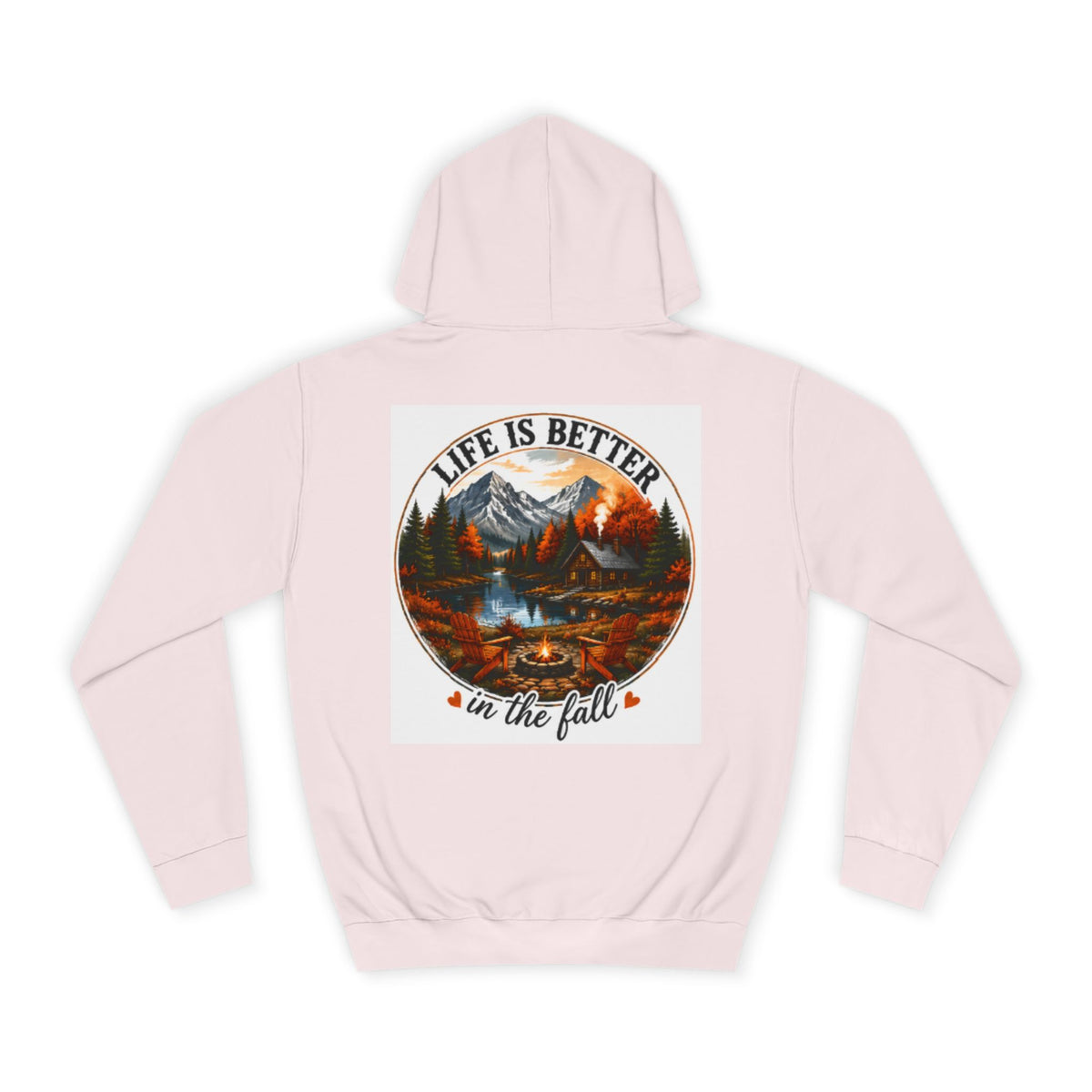 Light pink pullover hoodie with hood and kangaroo pocket; back graphic print.