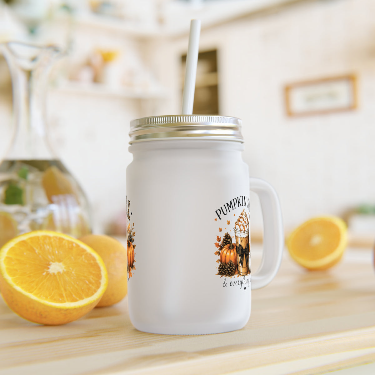 Frosted mason jar tumbler with straw and handle, pumpkin spice cup graphic