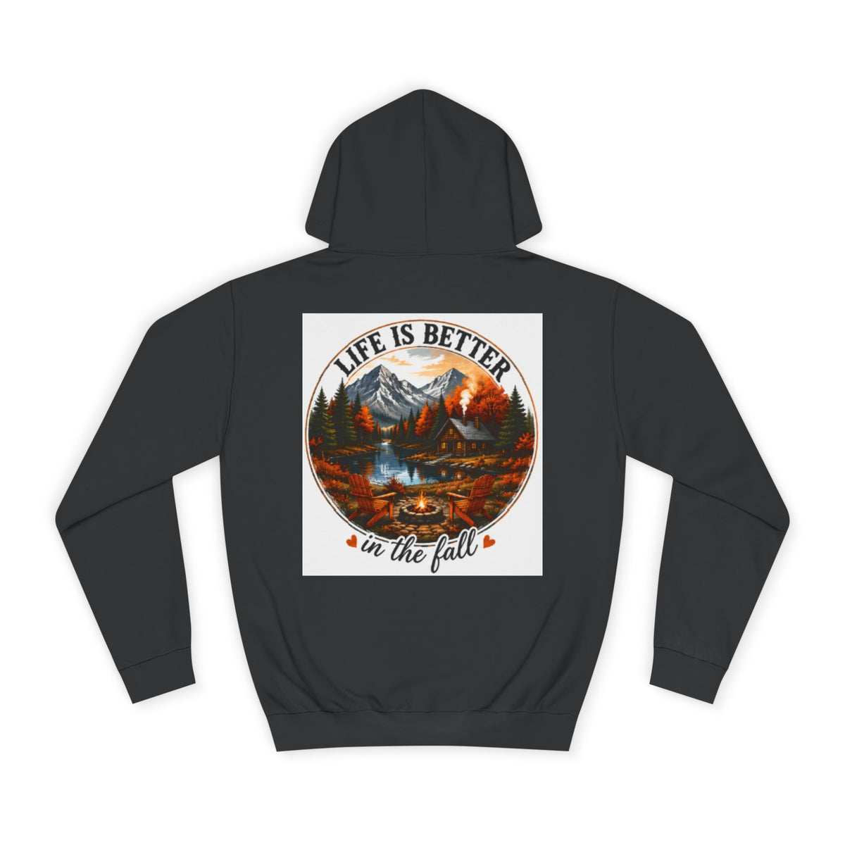 Black pullover hoodie with hood, drawstrings, kangaroo pocket, and back graphic