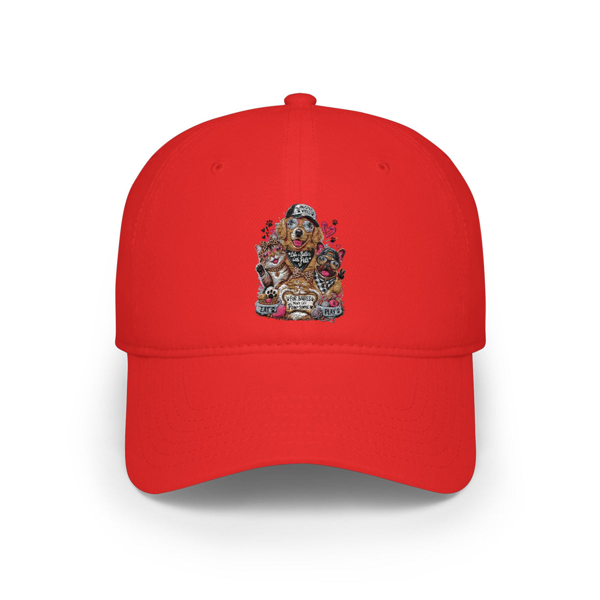 Red Puppy Pile Baseball Cap — Cute Dog Stack Embroidered Low Profile Hat