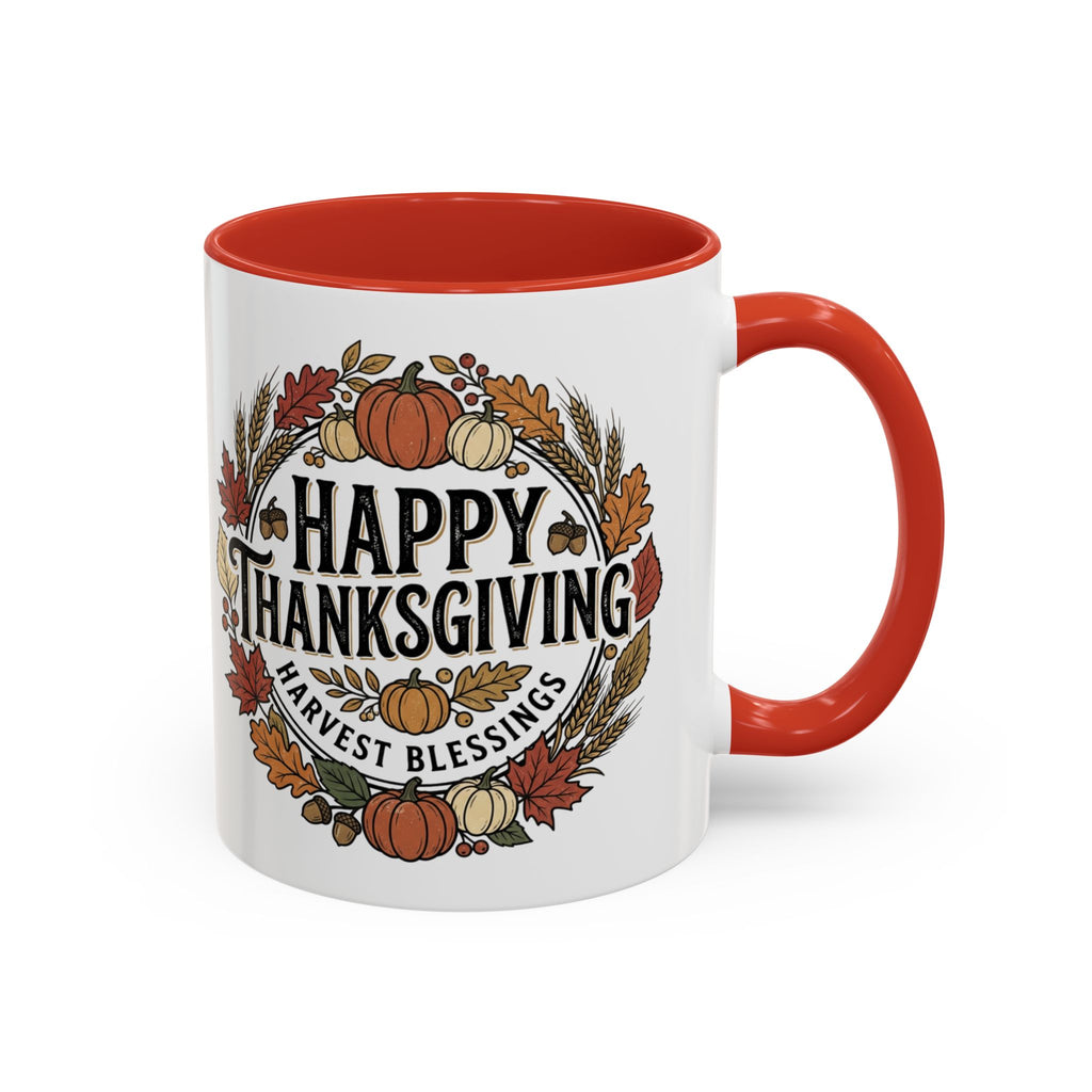 Happy Thanksgiving Accent Coffee Mug — "Harvest Blessings" Fall Pumpkin Wreath (11/15 oz)