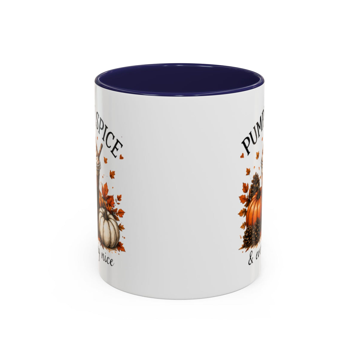 White pumpkin spice coffee mug with navy interior and fall pumpkin graphic with lettering