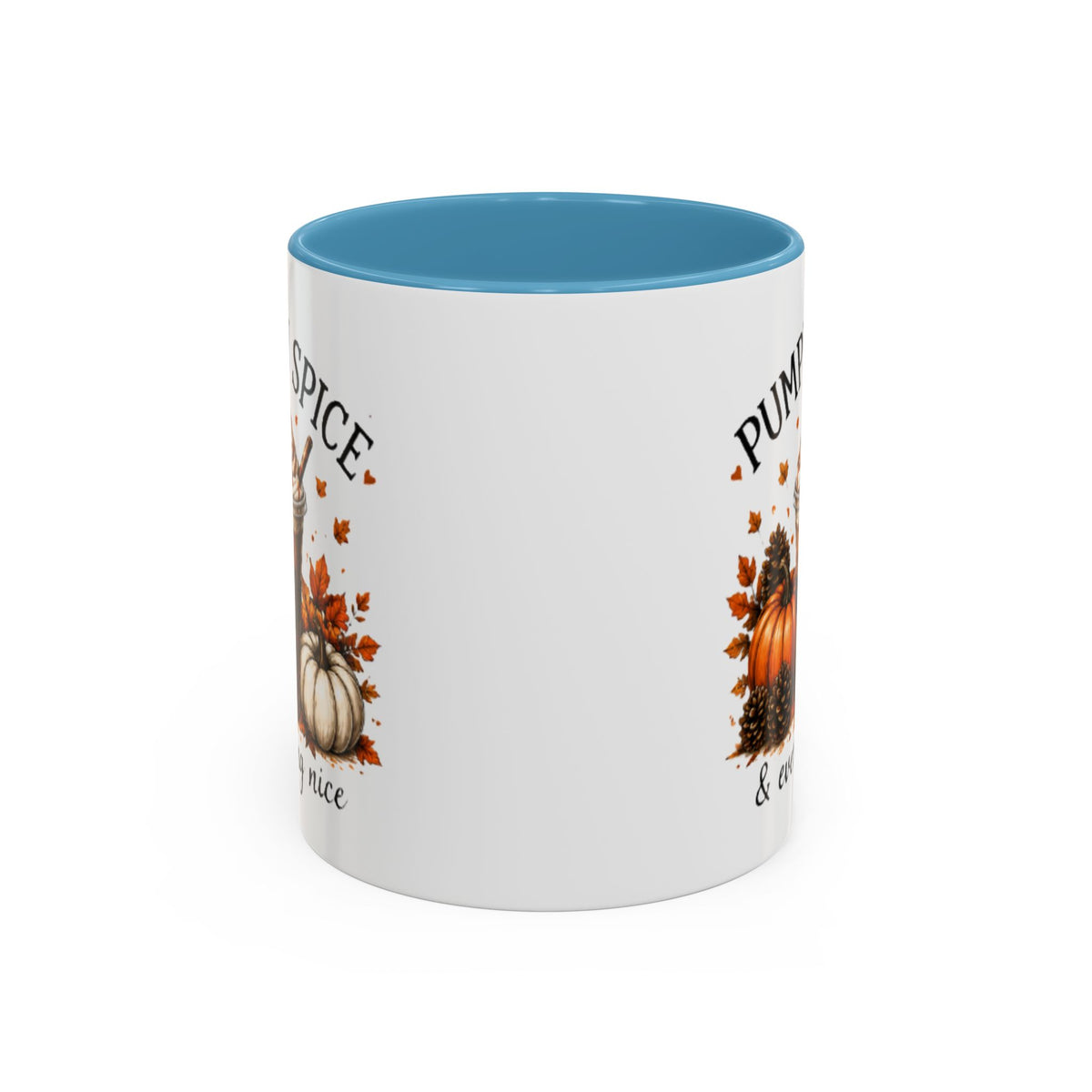 White pumpkin spice coffee mug with light blue interior and fall pumpkin graphic with lettering