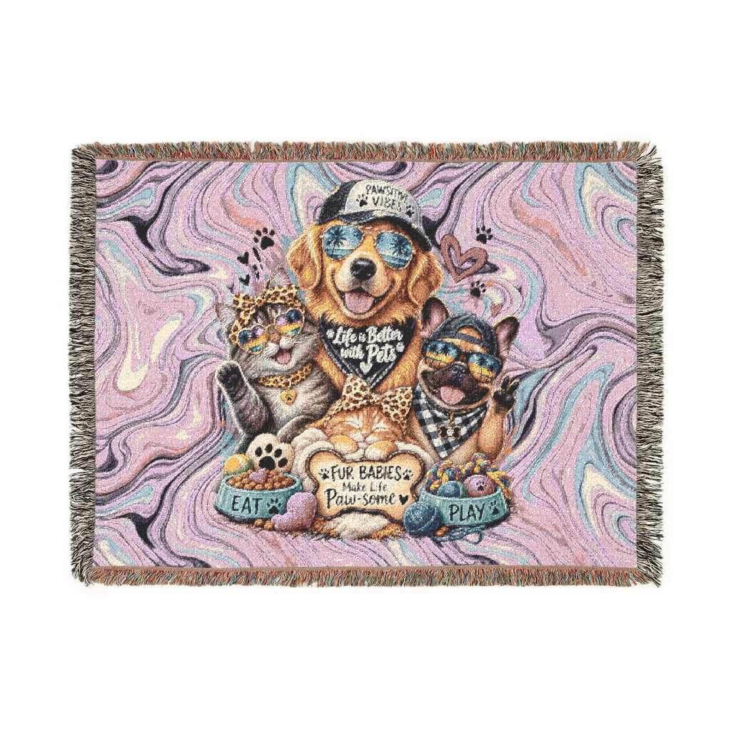 Psychedelic Pet Portrait Woven Blanket — Dog & Cats Floral Tapestry Throw