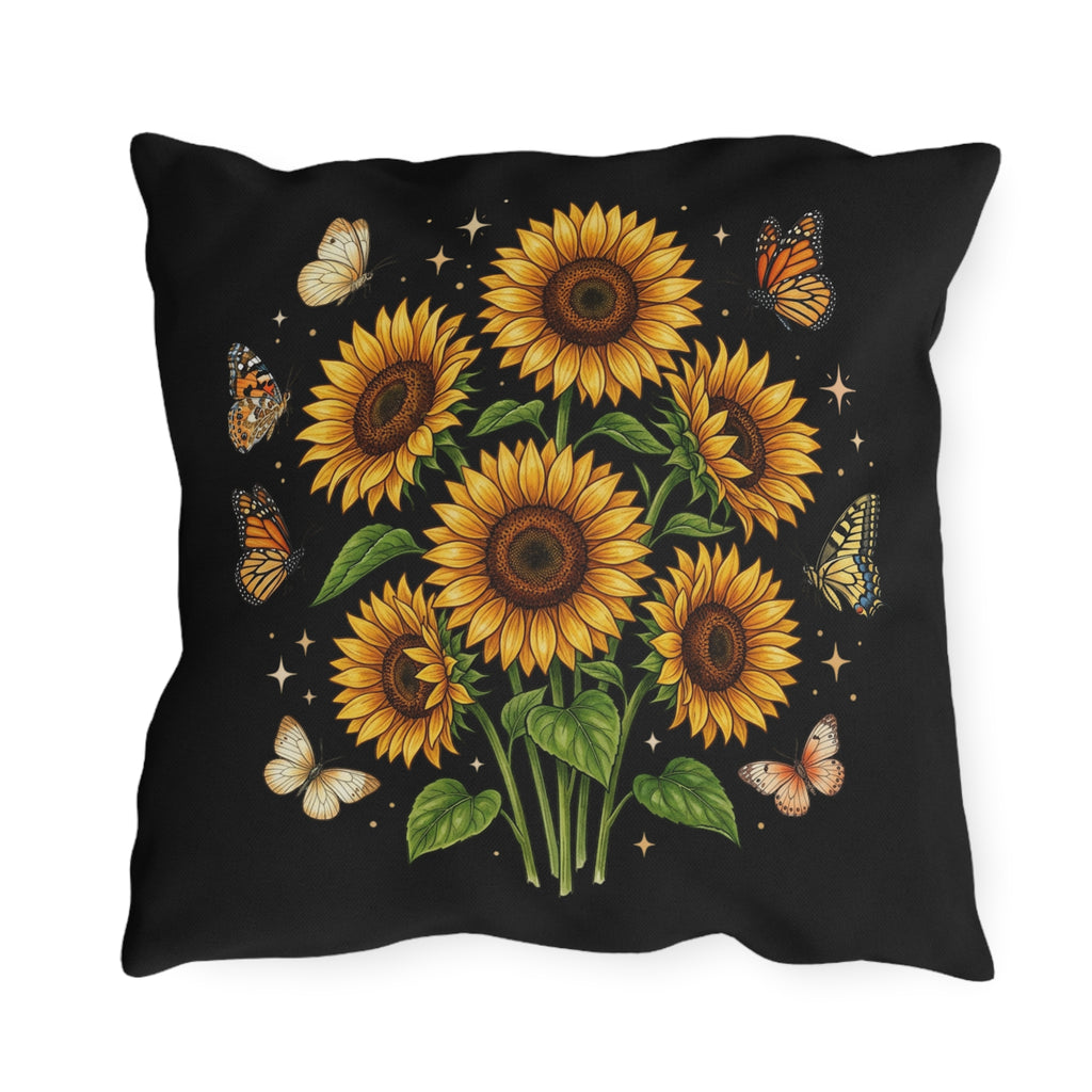 Sunflower & Butterfly Outdoor Pillow — Floral Garden Accent Cushion for Patio