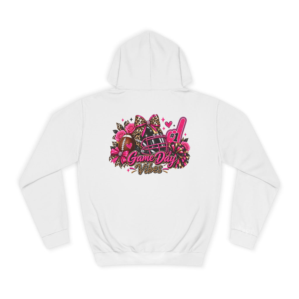 Game Day Cheer Hoodie — Pink Football Floral Design by Printify, white hoodie shown from the back with a pink floral football and cheer graphic