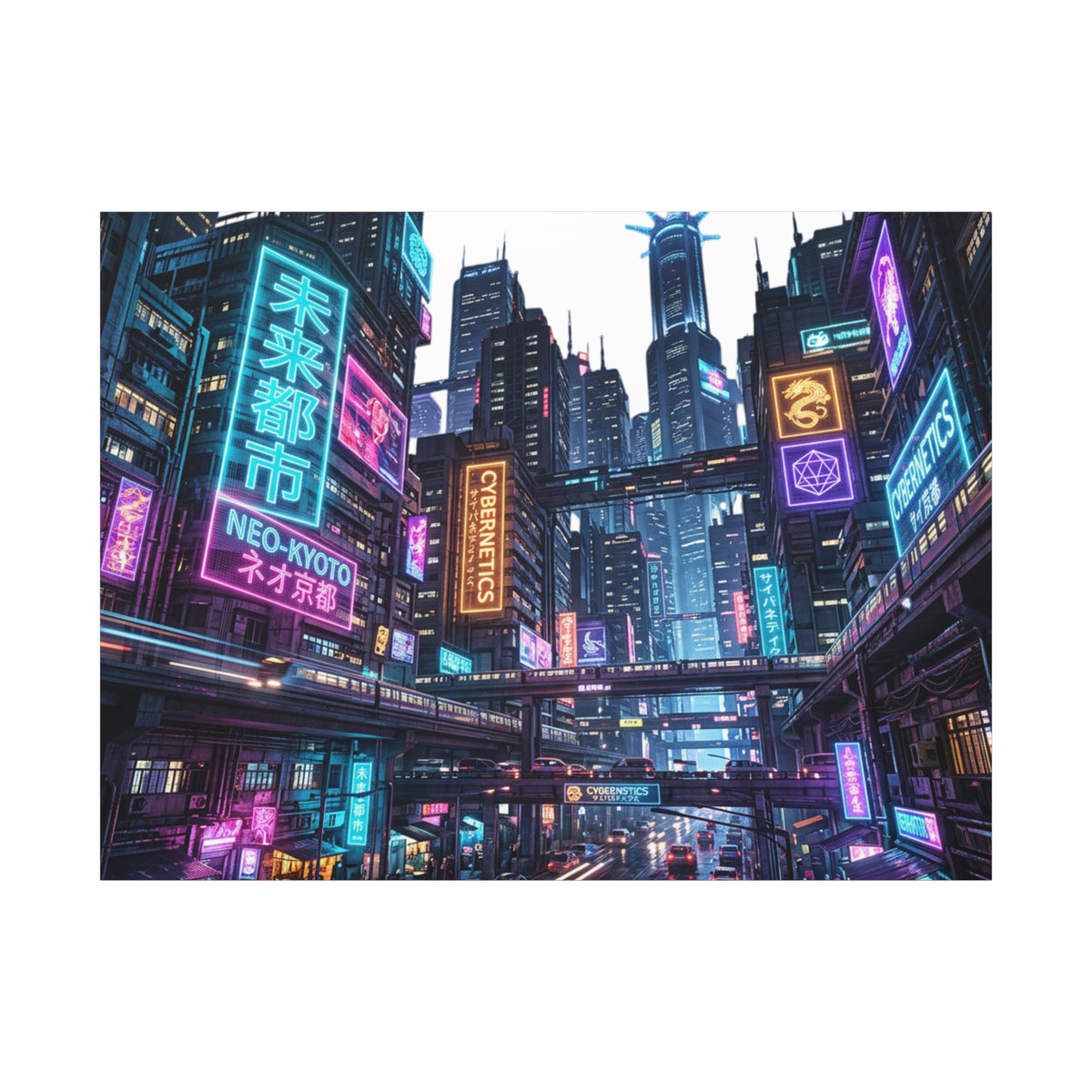Neo-Kyoto Cyberpunk City Matte Canvas Print