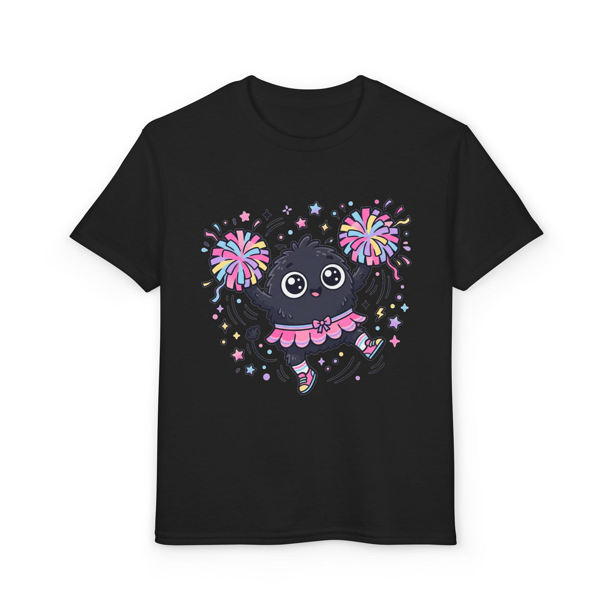 Cute Black Kitty Cheerleader Youth T-Shirt — Pom-Pom Dancing Cat Tee