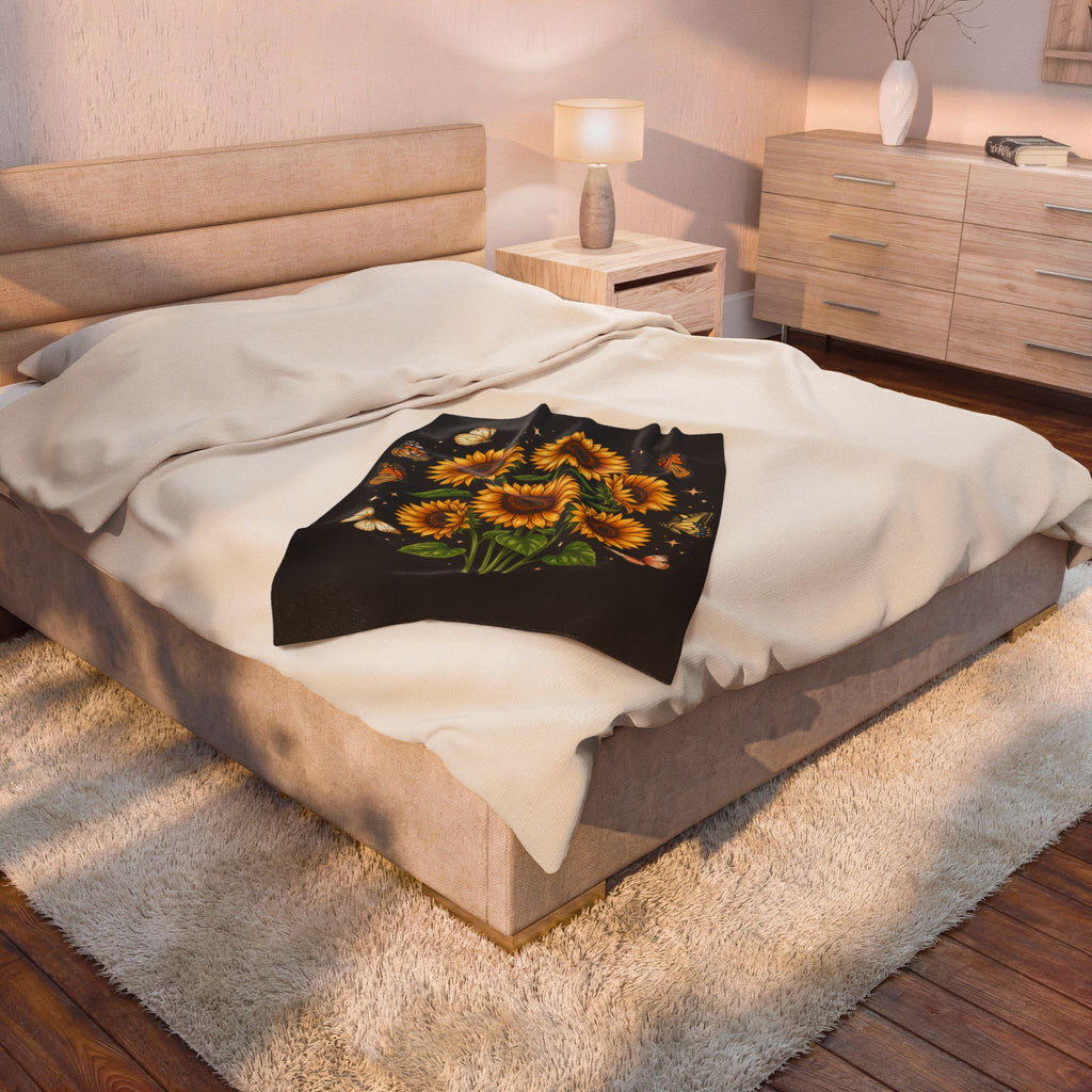 Sunflower & Butterflies Velveteen Plush Blanket — Cozy Floral Throw