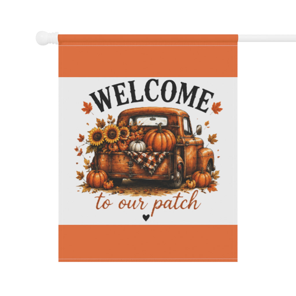 Orange-and-white garden flag with Welcome patch art of pumpkin truck and sunflowers