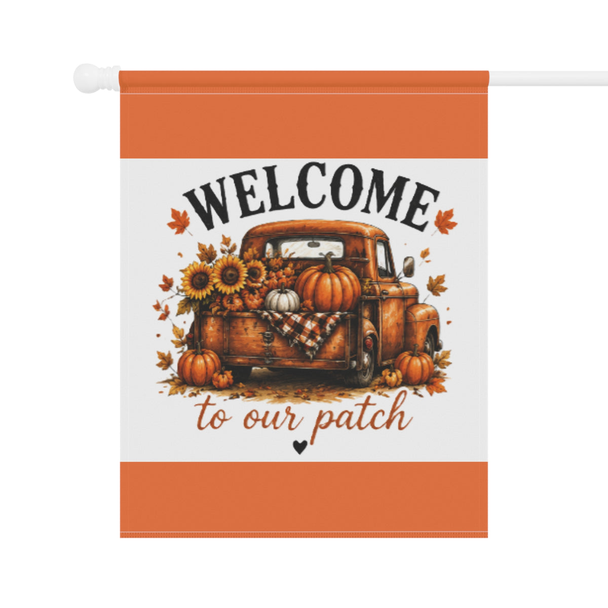 Orange-and-white garden flag with Welcome patch art of pumpkin truck and sunflowers