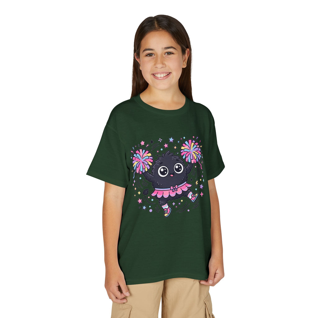 Cute Black Kitty Cheerleader Youth T-Shirt — Pom-Pom Dancing Cat Tee