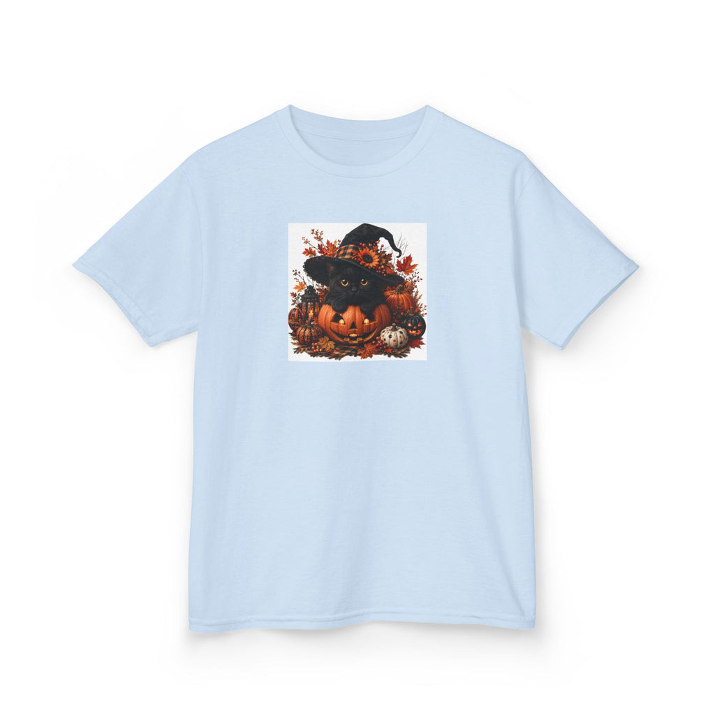 Kids Tee — Halloween Black Cat with Witch Hat & Pumpkins