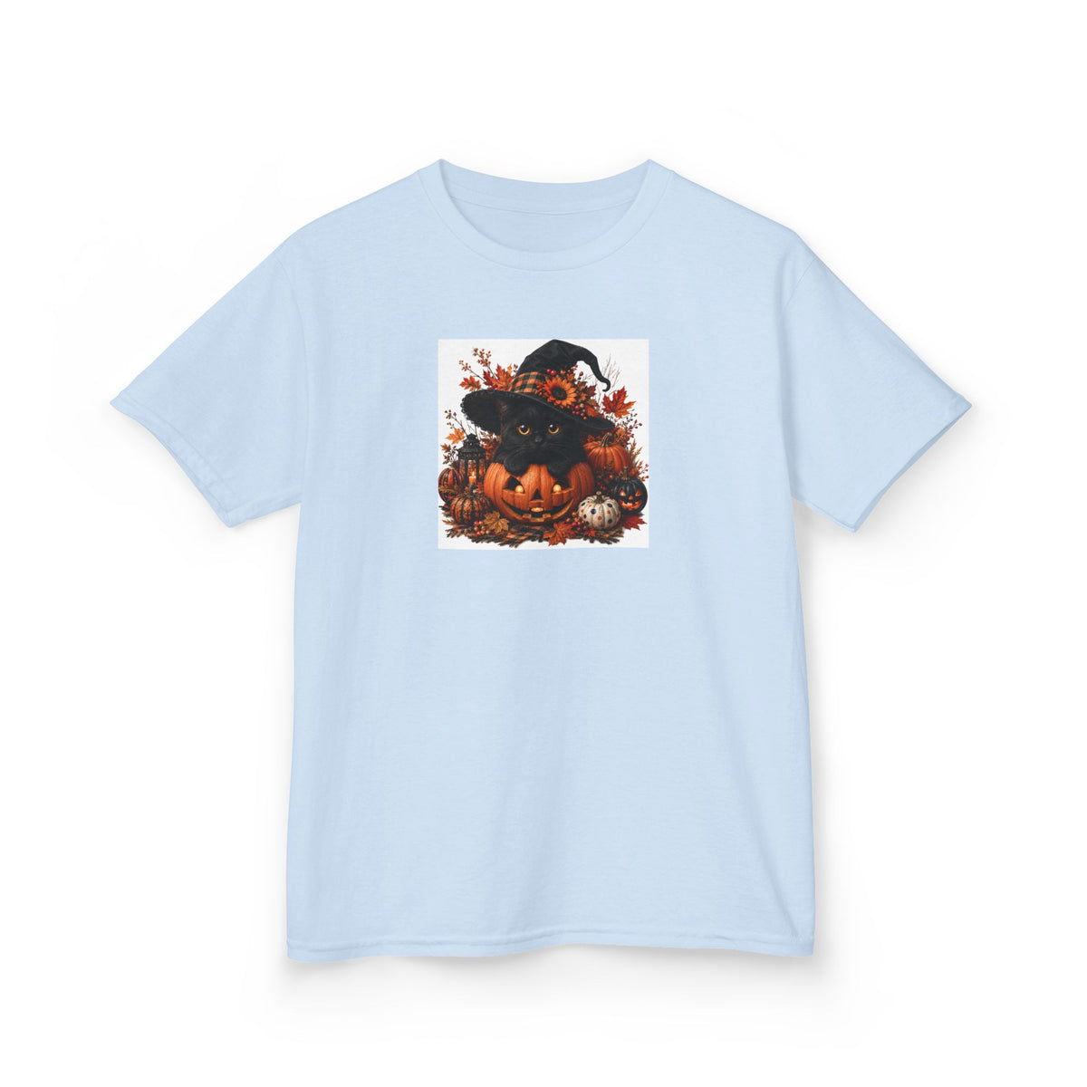 Kids Tee — Halloween Black Cat with Witch Hat & Pumpkins