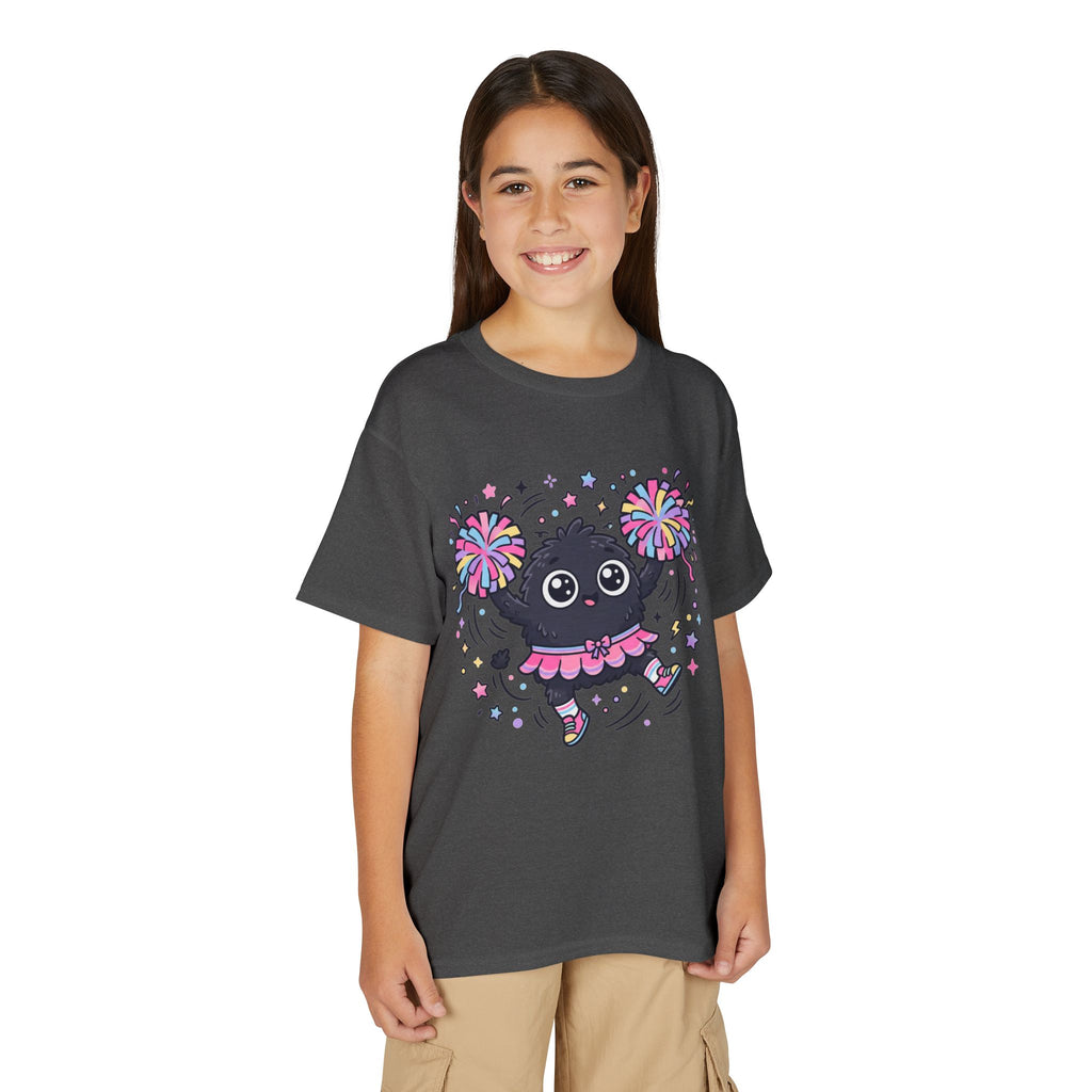 Cute Black Kitty Cheerleader Youth T-Shirt — Pom-Pom Dancing Cat Tee