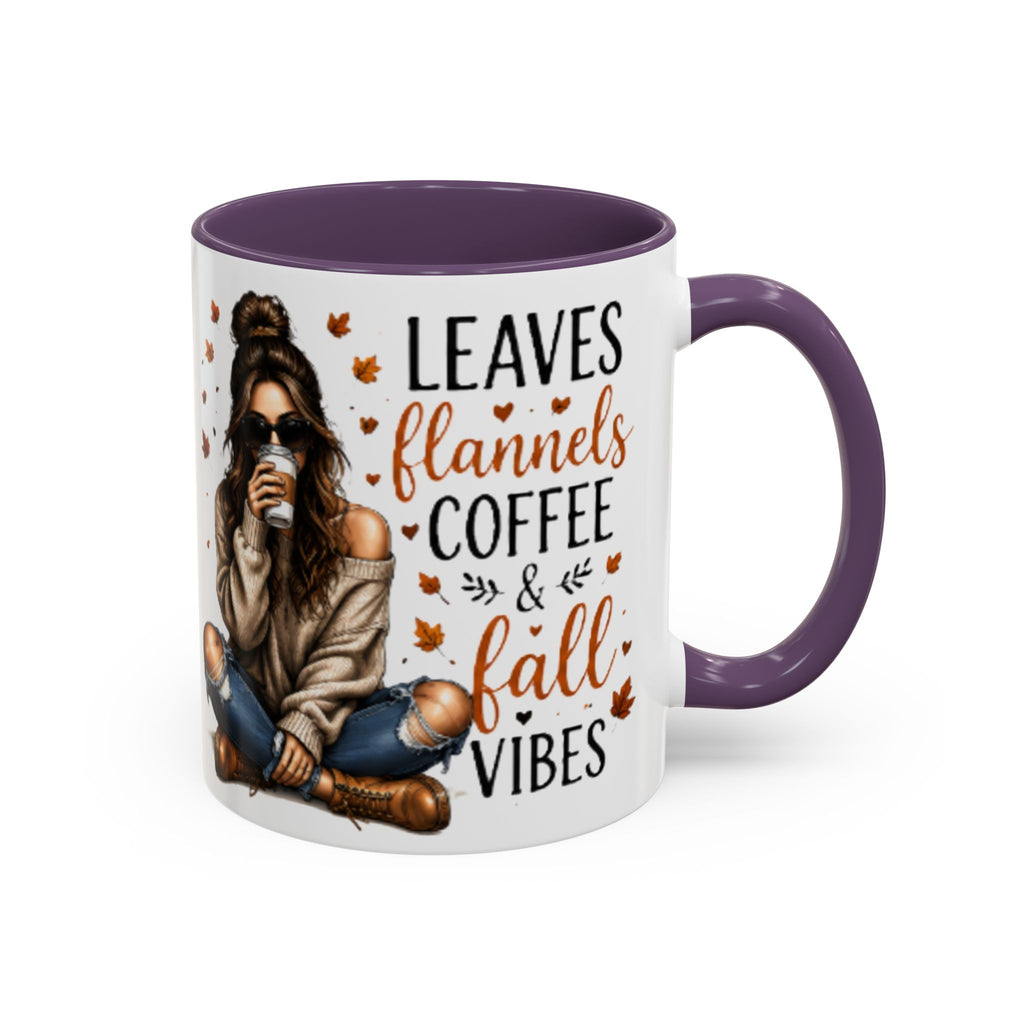 Purple accent coffee mug with fall “Leaves flannels coffee & fall vibes” graphic