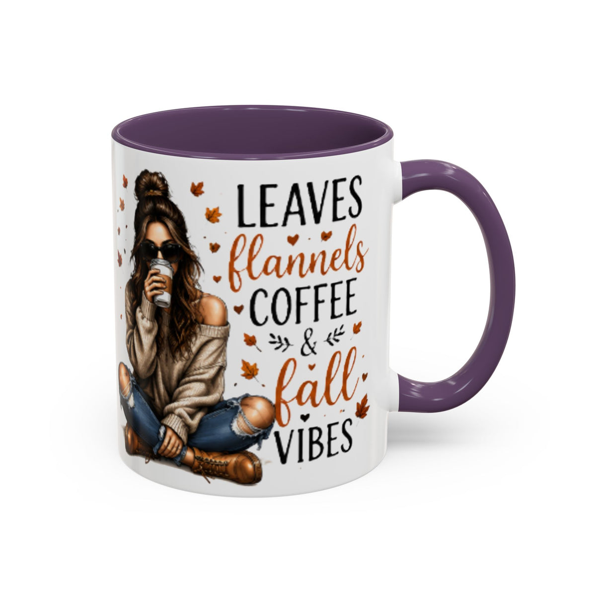 Purple accent coffee mug with fall “Leaves flannels coffee & fall vibes” graphic