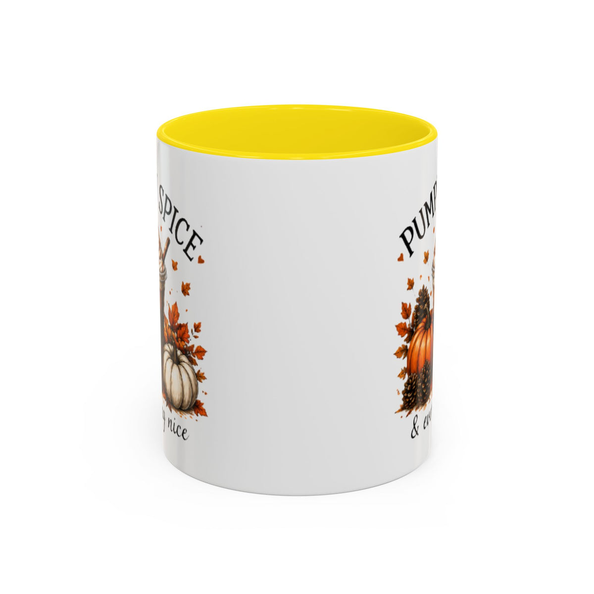White coffee mug with yellow interior and autumn pumpkin-spice print