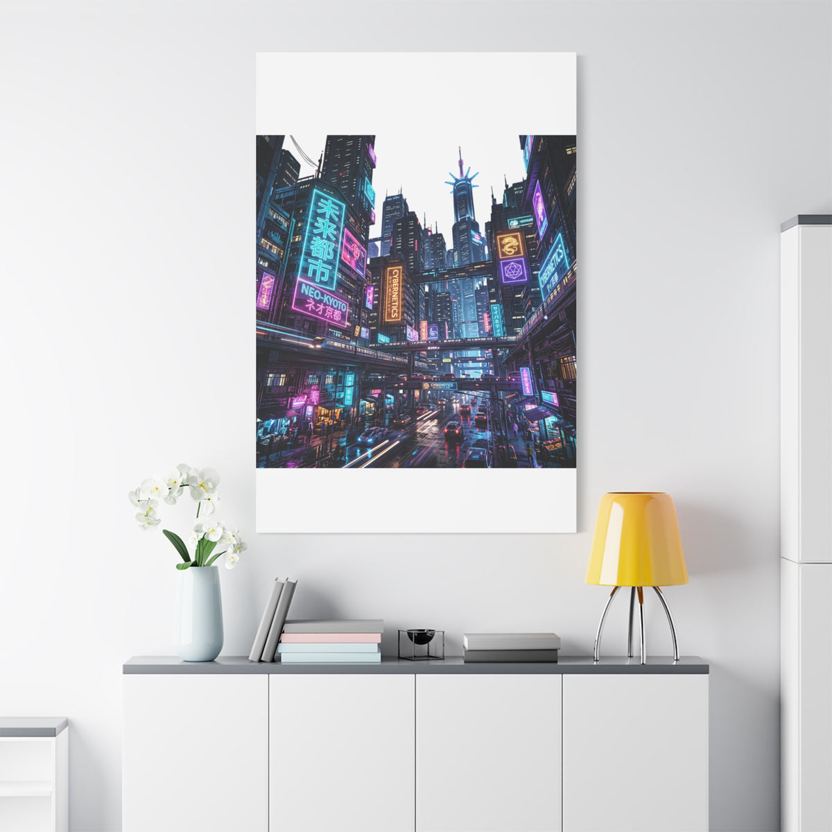 Neo-Kyoto Cyberpunk City Matte Canvas Print