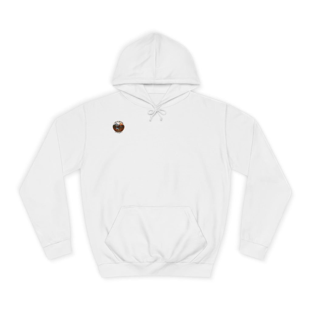 White pullover hoodie with hood, drawstrings, kangaroo pocket, and small back logo