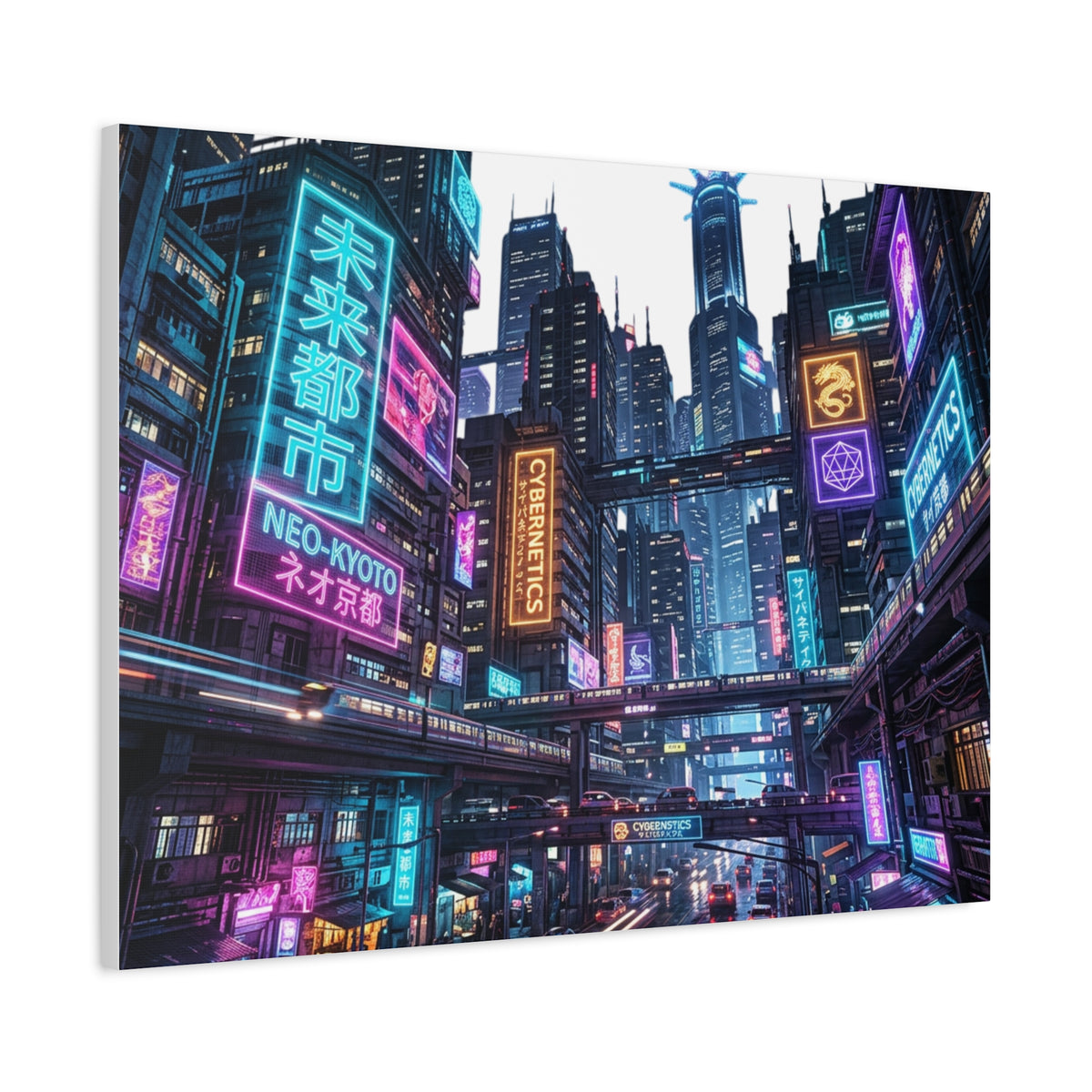 Neo-Kyoto Cyberpunk City Matte Canvas Print