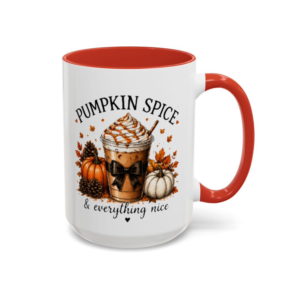 Orange-handled white coffee mug with Pumpkin Spice print and “everything nice” text