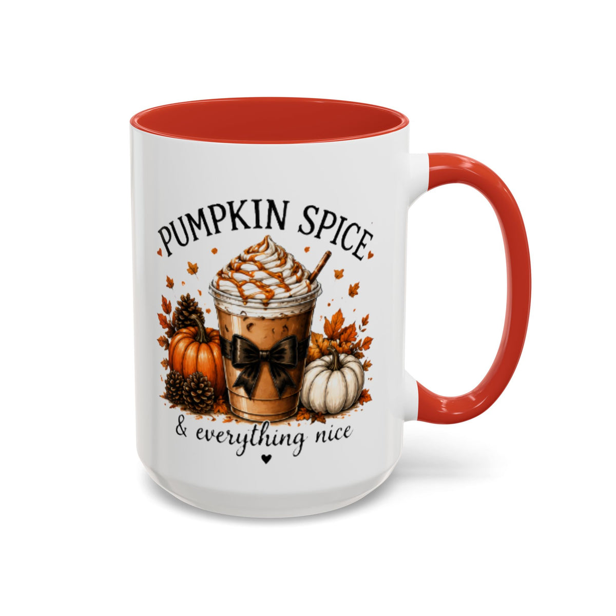 Orange-handled white coffee mug with Pumpkin Spice print and “everything nice” text