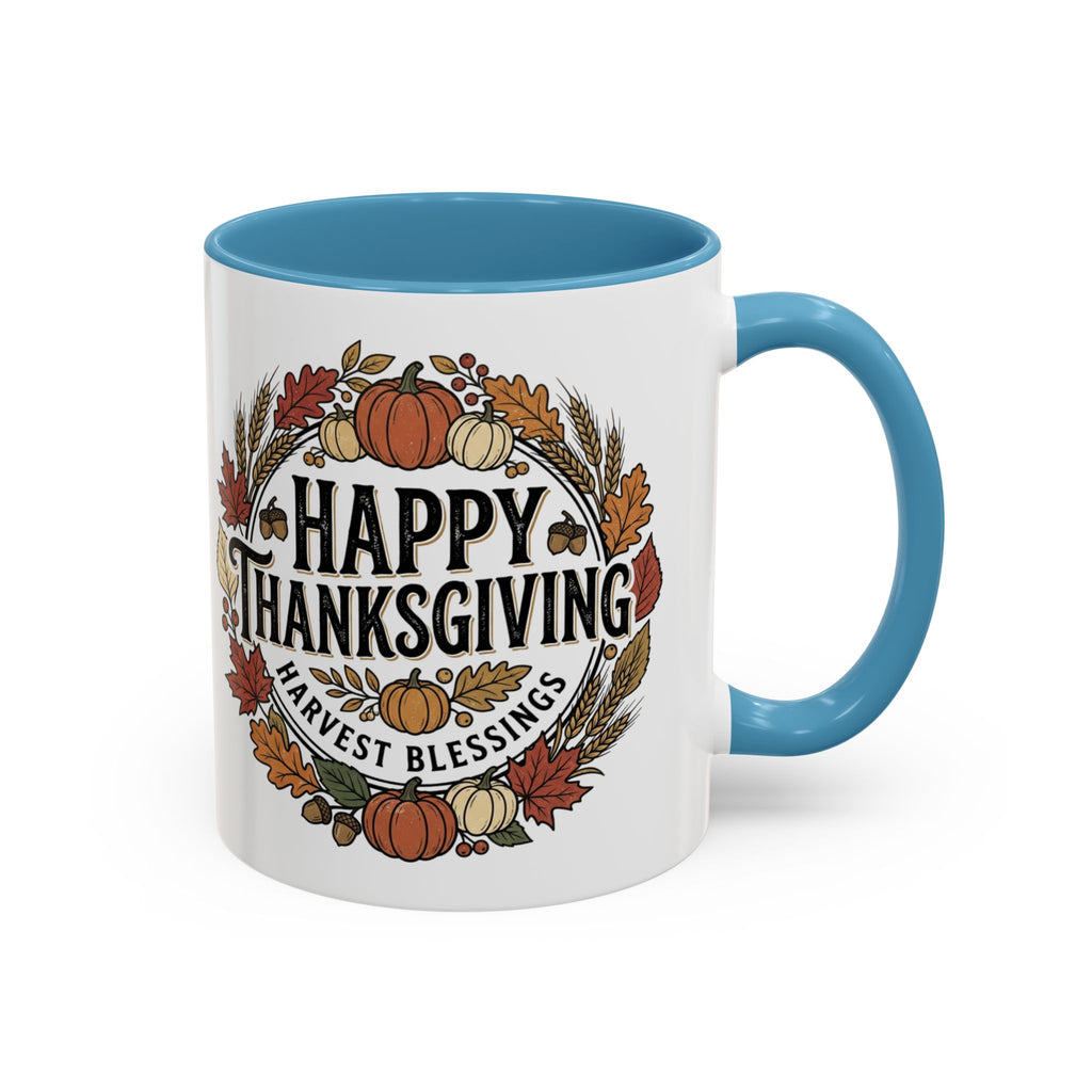 Happy Thanksgiving Accent Coffee Mug — "Harvest Blessings" Fall Pumpkin Wreath (11/15 oz)