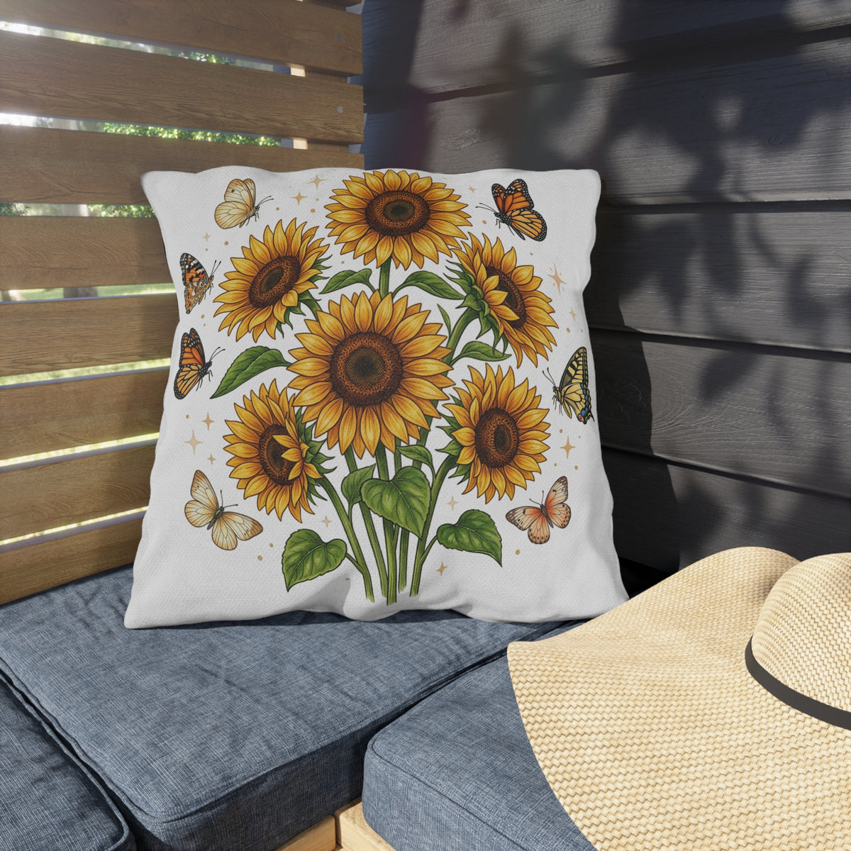 Sunflower & Monarch Outdoor Pillow — Floral Butterfly Garden Accent