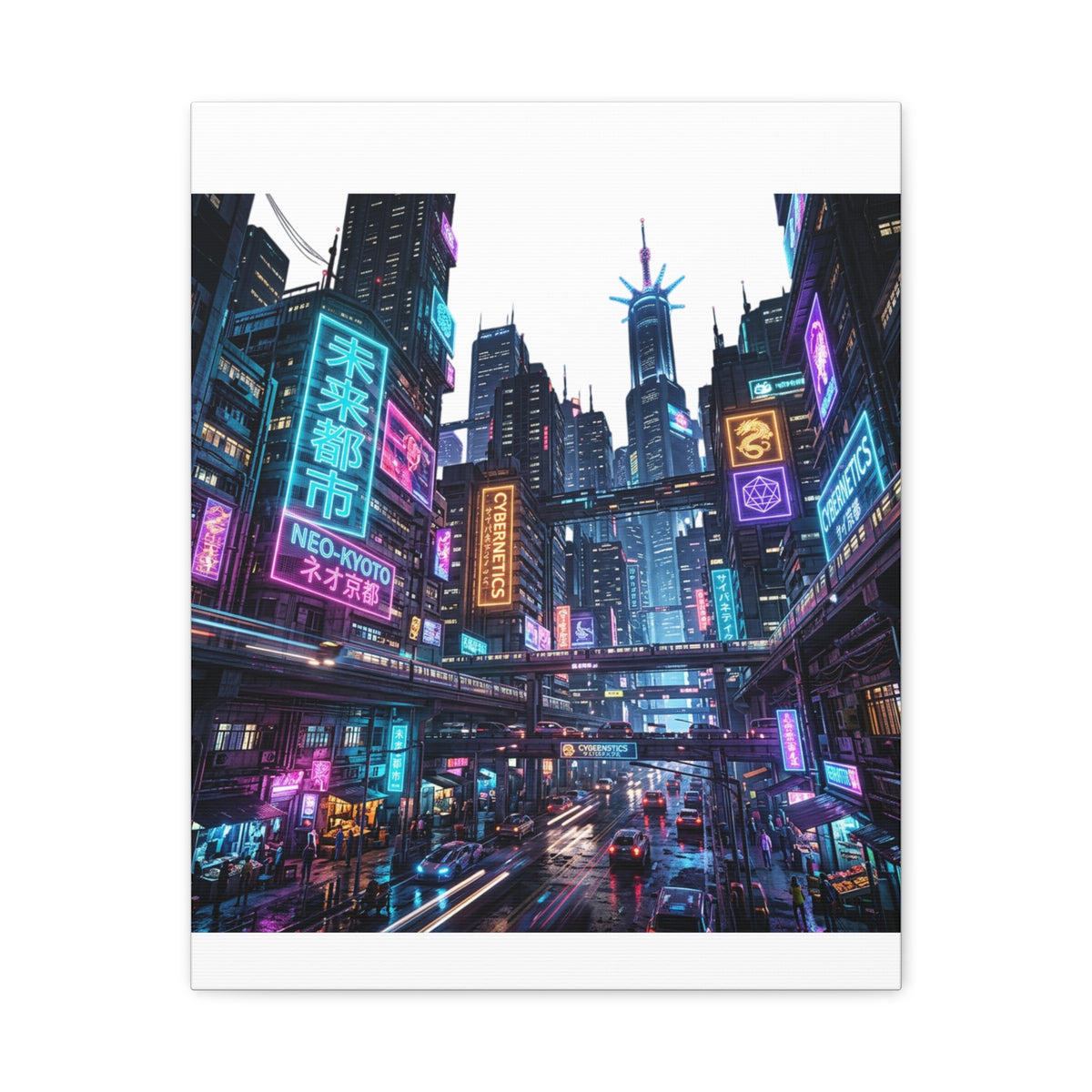 Neo-Kyoto Cyberpunk City Matte Canvas Print
