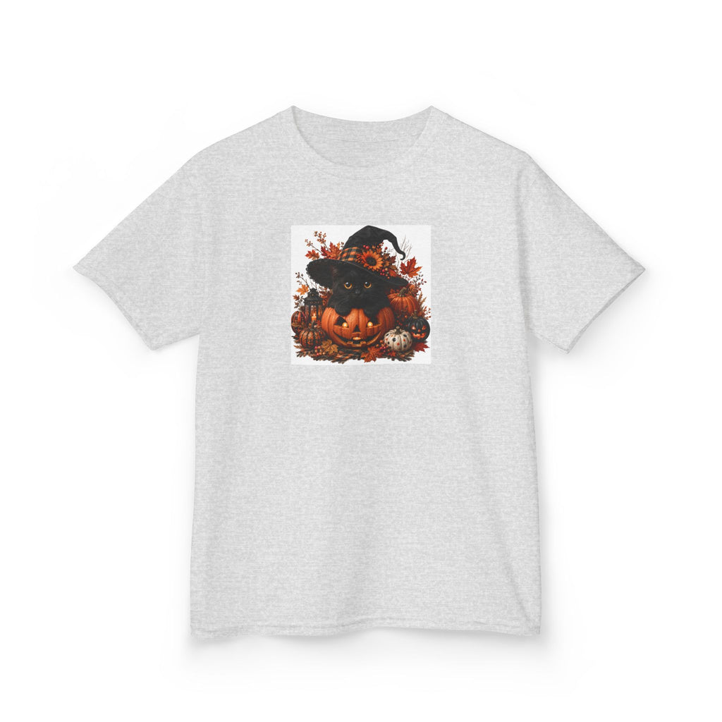 Kids Tee — Halloween Black Cat with Witch Hat & Pumpkins