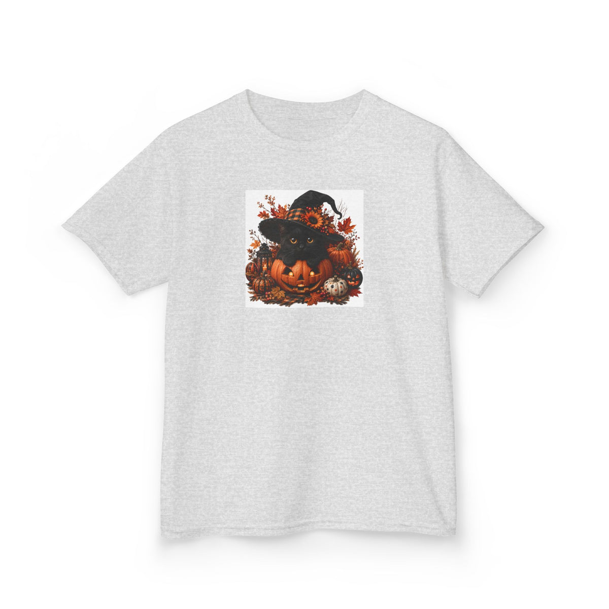 Kids Tee — Halloween Black Cat with Witch Hat & Pumpkins