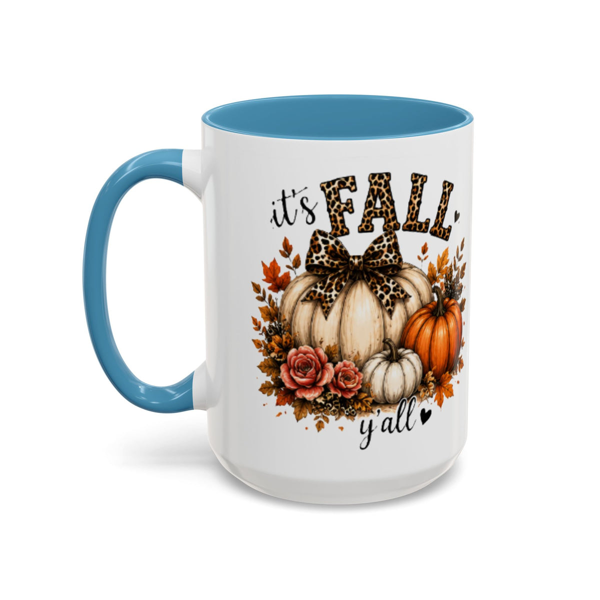 Autumn coffee mug with light blue handle, white body, “It’s FALL y’all” fall harvest design